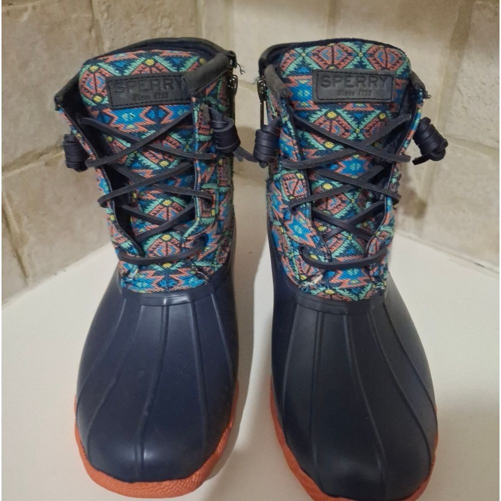 Sperry Duck Boots Waterproof Aztec Blue Coral Size 7.5